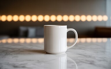 A simple white mug sits on a marble surface with blurred lights