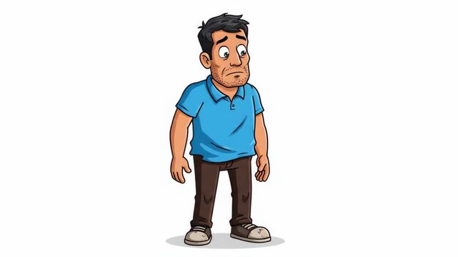 Animated man frantically searching for his lost wallet, expressing distress and worry over the