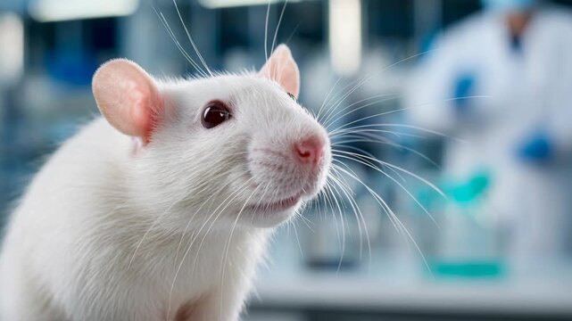 A close-up of a white laboratory rat with long whiskers in a research facility with a blurred scientist in the background.
