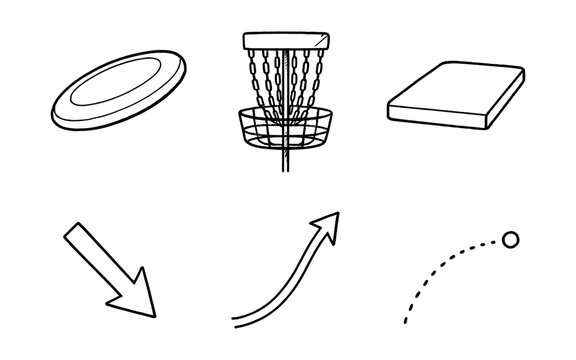 Minimalist hand-drawn disc golf icons set with basket, flying disc, arrows and trajectory