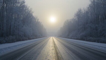 Fototapeta premium Running two-lane road through frosted woods toward pale sun in mist, with icy lane markings, seam
