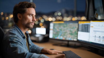 A trucking fleet control room analyzing GPS telematics, driver hours, fuel efficiency, and route deviations on interactive dashboards as dispatchers coordinate cross-state deliveries. cinematic