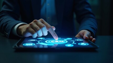 A finger taps a glowing "CRM" dashboard (with connected icons) on a tablet, dark blue-lit backdrop. Represents digital customer relationship management interaction.