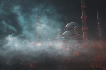 Mysterious islamic mosque emerging through dark misty night atmosphere