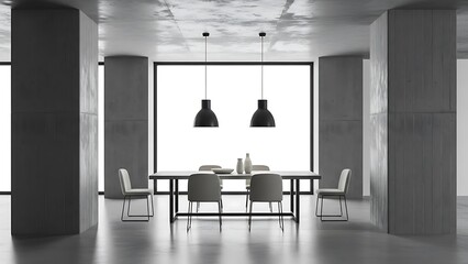 dining room in brutalist interior style with bold concrete columns framing the dining area symmetrically
