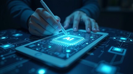 A stylus interacts with a glowing "AI" chip interface on a tablet (circuit-board backdrop, blue-lit). Represents digital AI technology engagement.