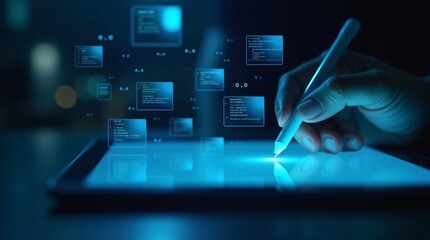 A stylus interacts with a glowing tablet, with floating digital data panels (blue-lit backdrop). Represents interactive digital data management.
