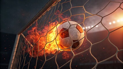 Fiery Soccer Ball In Goal With Net In Flames
