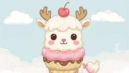 Fototapeta premium Smiling layered icecream deer sitting in pastel sky with wafflecone cherry sprinkles antlers