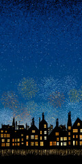 Fireworks decorate the sky above a city skyline during a New Year celebration in a vibrant urban setting