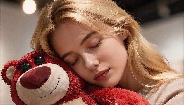 Mujer joven abrazando un peluche rojo 
