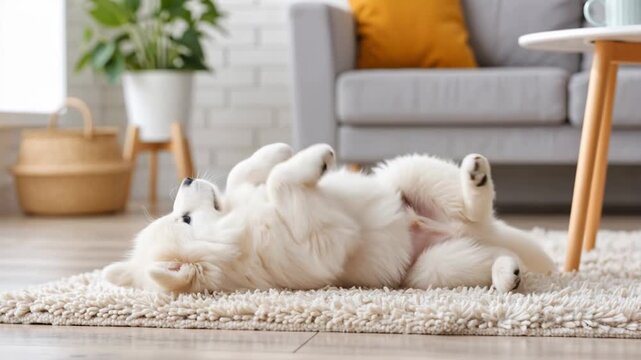 adorable fluffy white samoyed puppy relaxing on a soft rug, rolling onto its back in a cozy living room and showing playful, gentle behavior