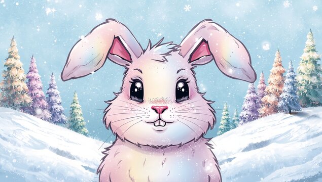 Standing pastel rabbit sniffing on snowy hill with pastel firs, falling snowflakes and sparkles