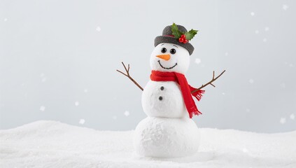 Fototapeta premium Standing three-tiered snowman wearing gray hat with holly, red scarf on snow mound, flakes falling