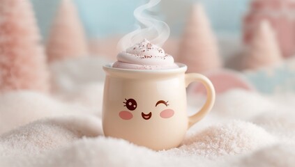 Steaming cream-colored mug with winking face sitting on sugar snow, topping pink foam and sprinkles