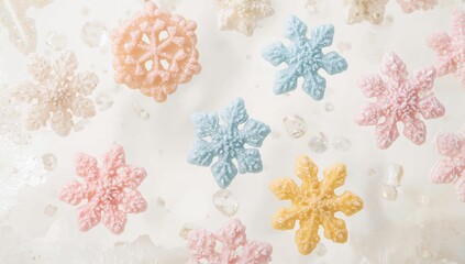 Glistening pastel snowflake candies catching soft light on frosted table, with sugar beads