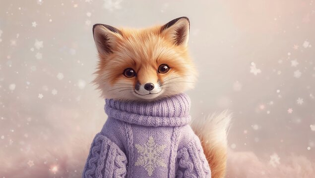 Wearing chunky lavender knit sweater, juvenile red fox posing in studio, with snowflake bokeh