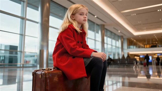 Niña sentada sola en una maleta antigua de cuero esperando a sus abuelos