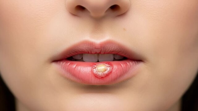 A painful cold sore on an adult female's lower lip, showing the visible lesion and inflammation. This common viral infection causes discomfort. Useful for health and medical content