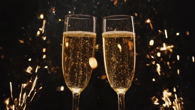 Two champagne flutes toasting with sparkling wine against a background of golden fireworks or fountain effect for celebration