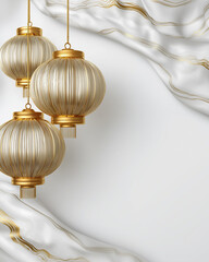 Elegant golden lanterns on white marble background luxury islamic design