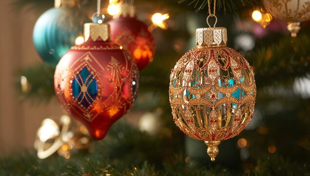 Hanging ornate gold filigree bauble on branch at home, with red teardrop, warm lights, copy space