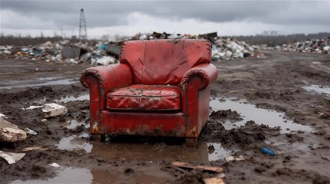 Sofá de cuero rojo vibrante  desgastado y con grietas 