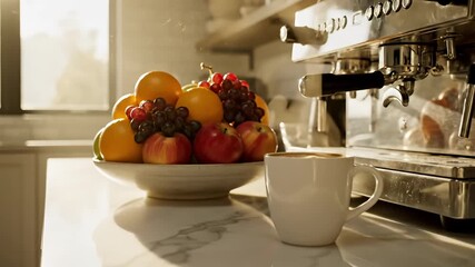 Morning Still Life - Fruit Bowl, Coffee Cup, and Espresso Machine.