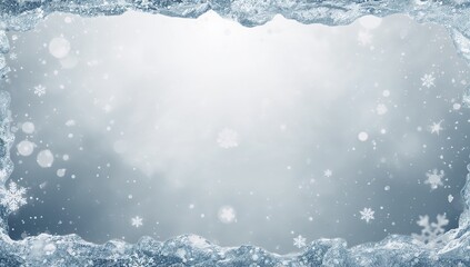 Floating central frosty area showing gray winter sky, with frosted ice borders, snowflakes bokeh