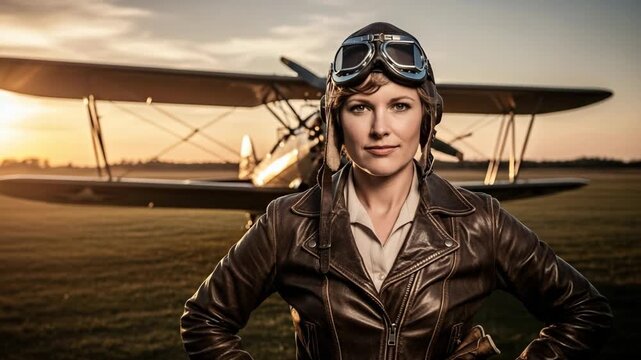 Confident female adult caucasian pilot in vintage gear stands proudly on an airfield. A classic biplane is visible at golden hour. Evoking a sense of adventure and pioneering spirit
