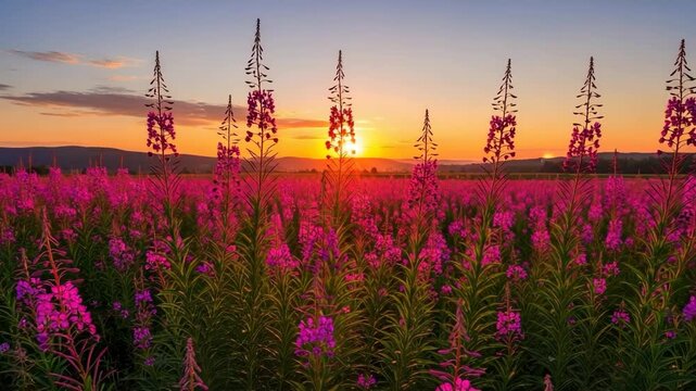 A vibrant field of purple fireweed flowers blooms under a dramatic sunset sky. Golden light illuminates the natural landscape, creating a beautiful and serene outdoor scene