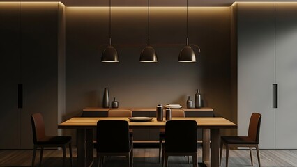 moody dining room interior with dark gray and muted bronze color palette