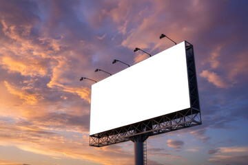 Blank billboard mockup against dramatic sunset sky