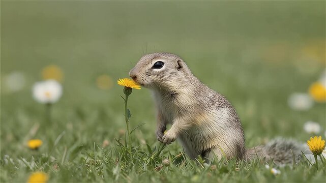 Una ardilla de pie sobre un pasto verde acercando su nariz a los pétalos de una flor