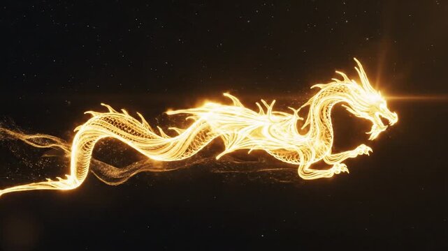 Golden Energy Stream Chinese New Year Dragon Flying Across Darkness