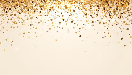Drifting metallic gold confetti cluster cascading down cream-beige gradient, with bokeh light spots