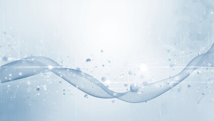 Abstract white futuristic science background with flowing wireframe wave, water molecules, and glowing particles representing DNA, medical, technology, or clean data concept with copy space