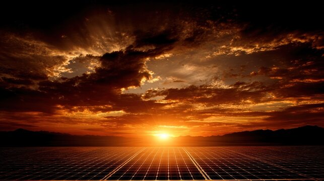 A vast, expansive solar panel array under a dramatic, fiery sunset sky with a silhouetted mountain range in the distance. - Powered by Adobe