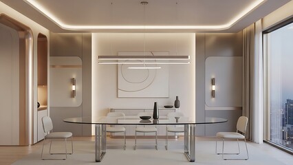 futurist dining room design with clean interior concept, oval glass dining table with chrome base