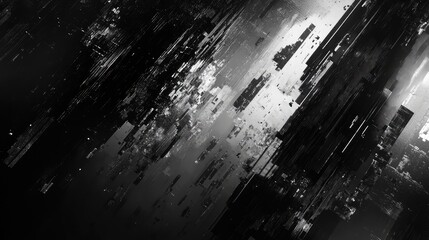Abstract digital data streams forming fragmented geometric patterns in monochrome, high contrast light and shadow, conveying futuristic network flow, glitch disruption and dynamic movement