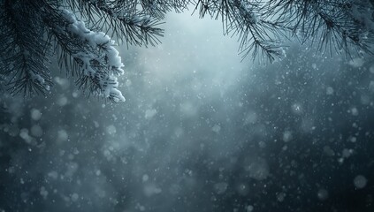 Obraz premium Framing snow-covered pine branches gently swaying under falling snow at forest canopy, bokeh
