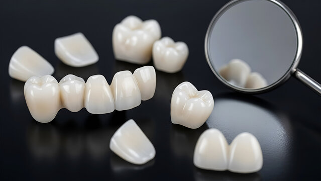 Ceramic Dental Crowns and Bridge with Mirror on Black Surface teeth