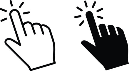 Black and White Click Icons Hand Cursor Symbol, Finger Pointing, User Interface Gesture