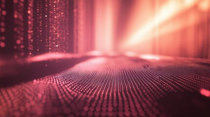 Digital data dots creating a futuristic, undulating network surface and falling streams, representing technological connections, big data, and a glowing cyberspace environment