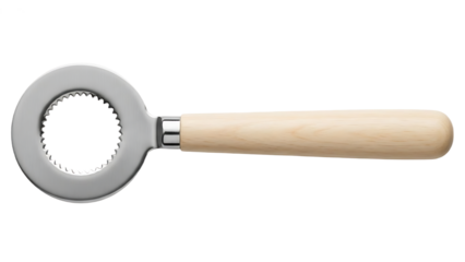 Round bottle opener with wooden handle a kitchen utensil for opening jars and bottles isolated on a white background