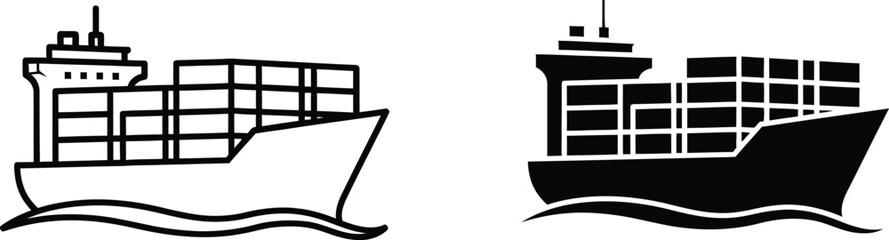 Black and White Line Art Two Container Ships with Cargo and Wave Details on Water