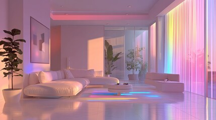 Interior luxury living space featuring minimalist design, a comfortable l shaped sofa, and vibrant multicolored ambient light creating a serene, dreamy atmosphere