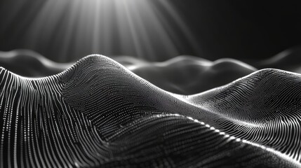 Digital wave pattern creating an abstract dark background with glowing particles and lines, representing data flow, network connections, and futuristic technology concepts