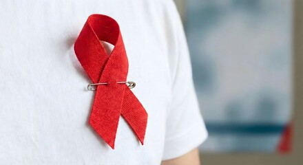 Close-up of red ribbon symbolizing HIV/AIDS awareness.