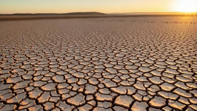 Cracked dry earth in a vast desert landscape under a golden sunset. The parched ground extends to distant hills, symbolizing drought and environmental crisis